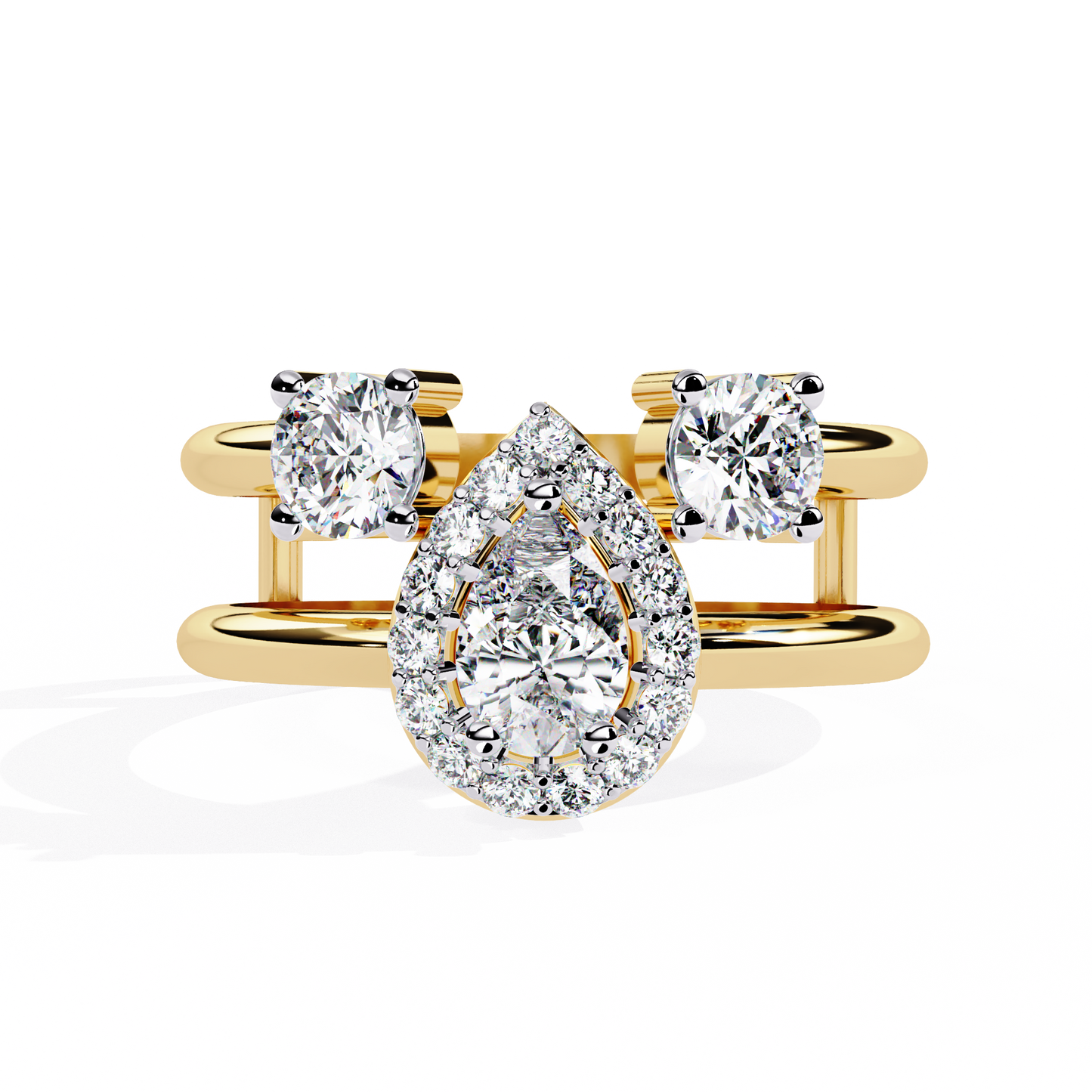 Halo Drop – Pear Diamond Ring with Twin Round Accents and Dual-Band in 14K Gold
