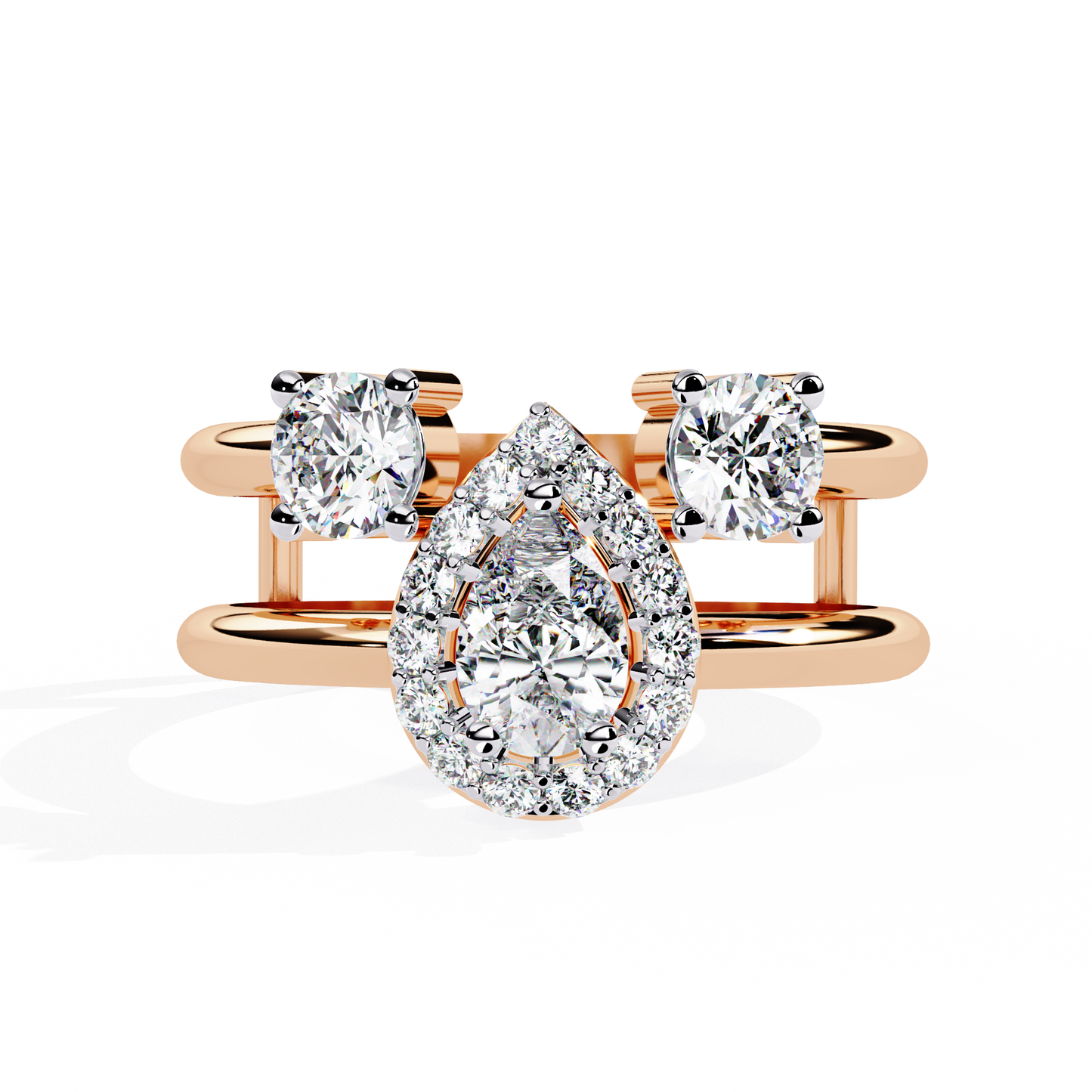 Halo Drop – Pear Diamond Ring with Twin Round Accents and Dual-Band in 14K Gold
