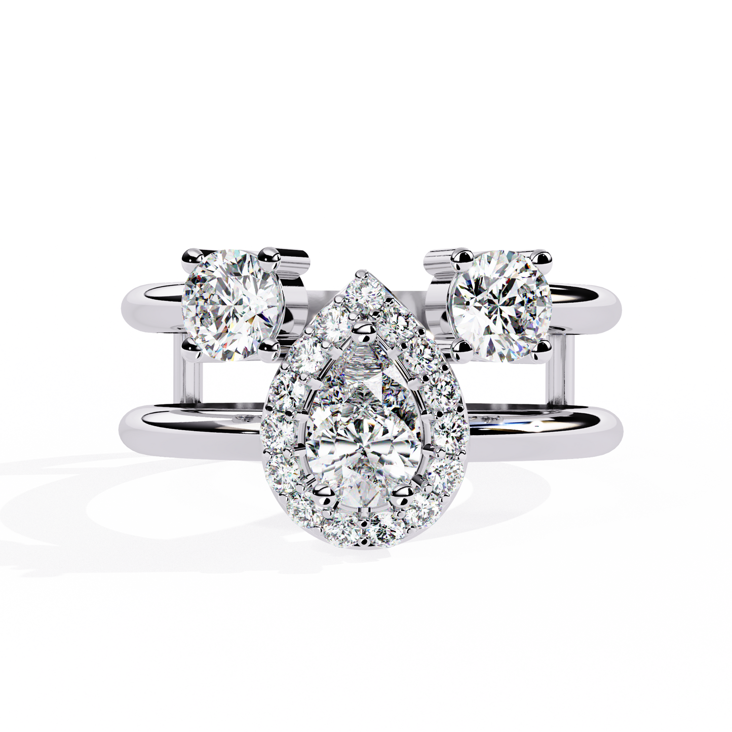 Halo Drop – Pear Diamond Ring with Twin Round Accents and Dual-Band in 14K Gold