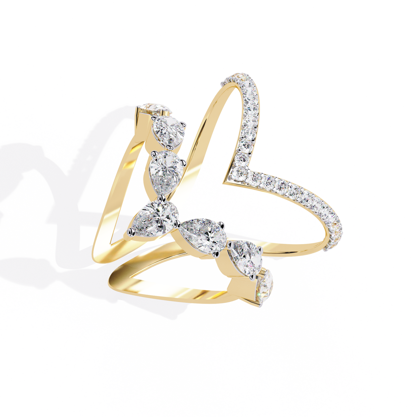 Celestial Cascade – Pear Diamond V-Bypass Ring in 14K Gold