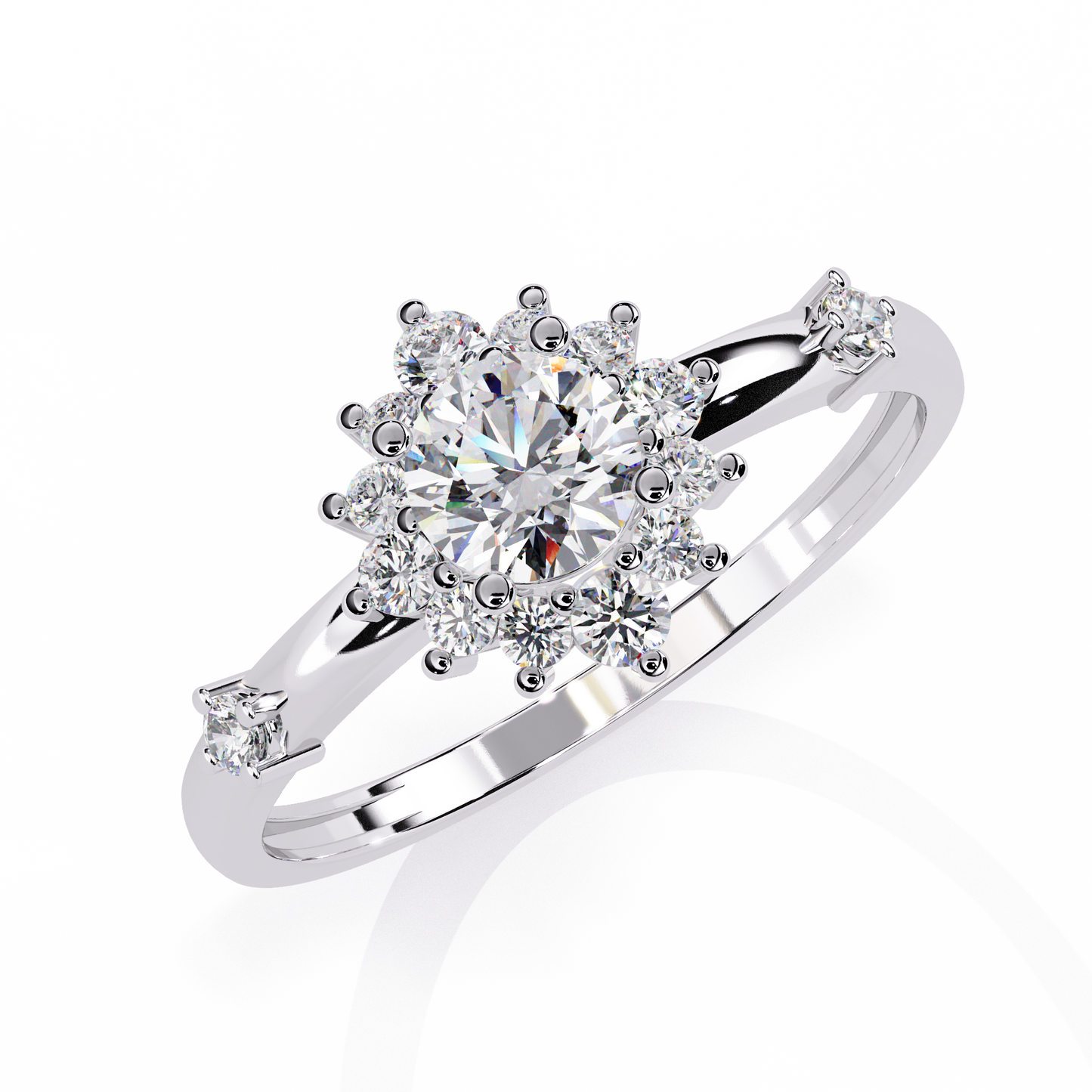 Solstice Bloom – Diamond Halo Ring with Petite Side Accents in 14K Gold