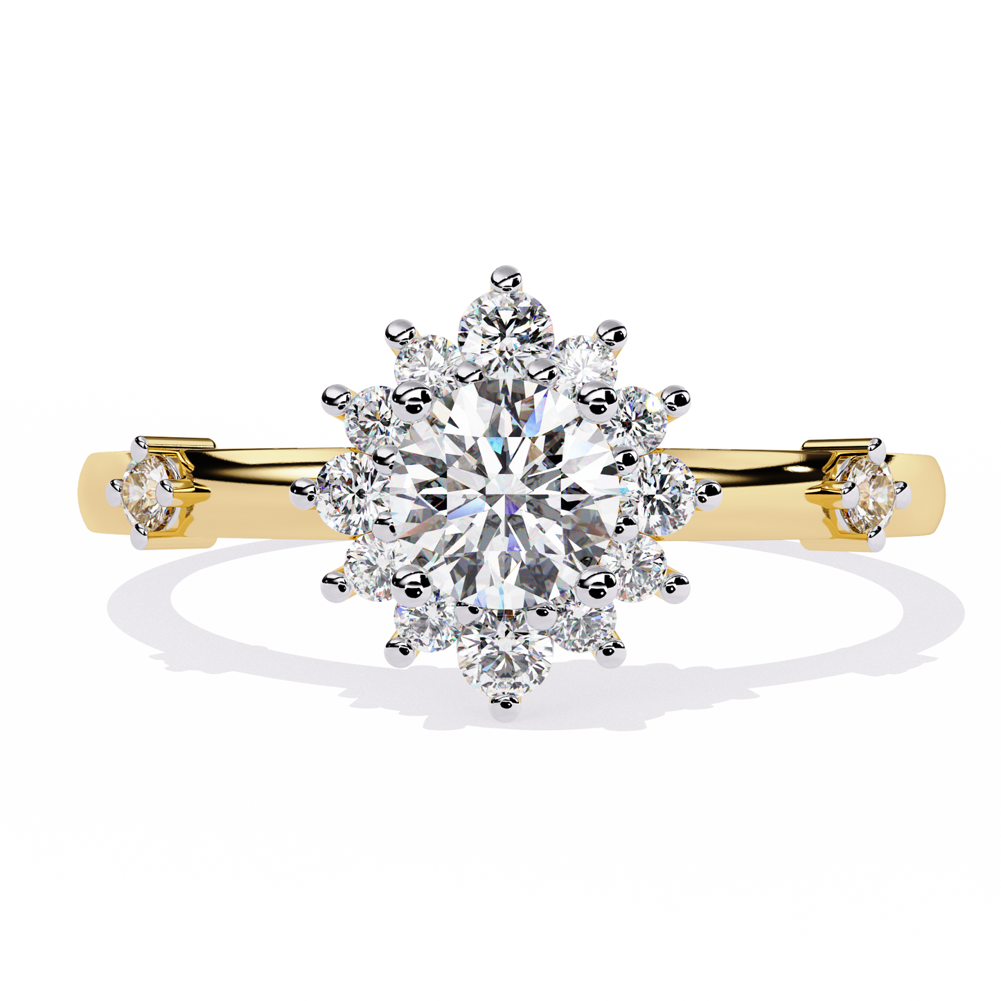 Solstice Bloom – Lab Diamond Halo Ring with Petite Side Accents in 14K Gold