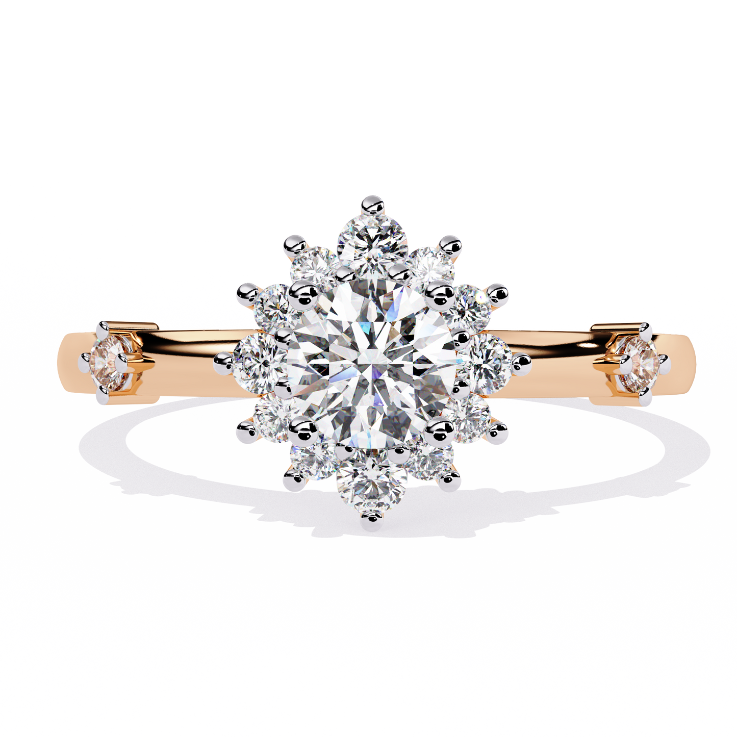 Solstice Bloom – Lab Diamond Halo Ring with Petite Side Accents in 14K Gold