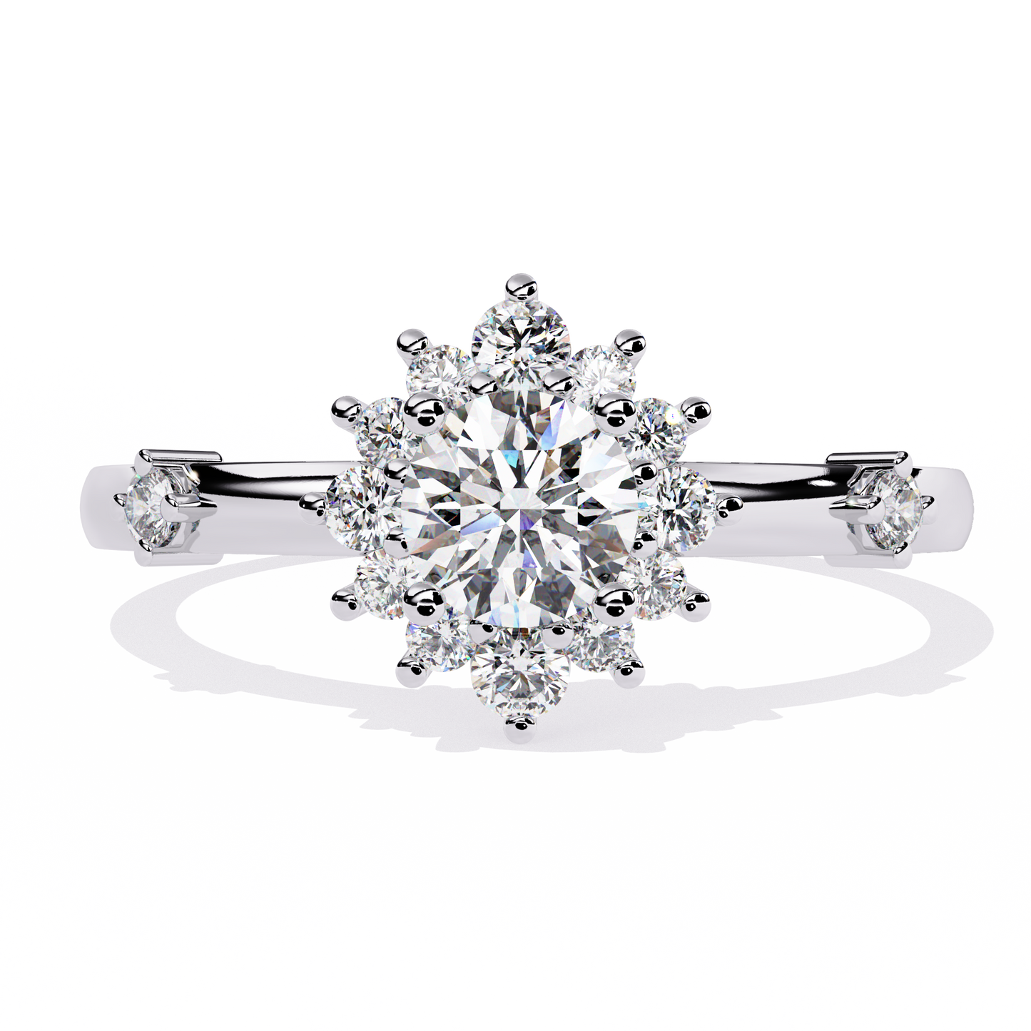 Solstice Bloom – Lab Diamond Halo Ring with Petite Side Accents in 14K Gold