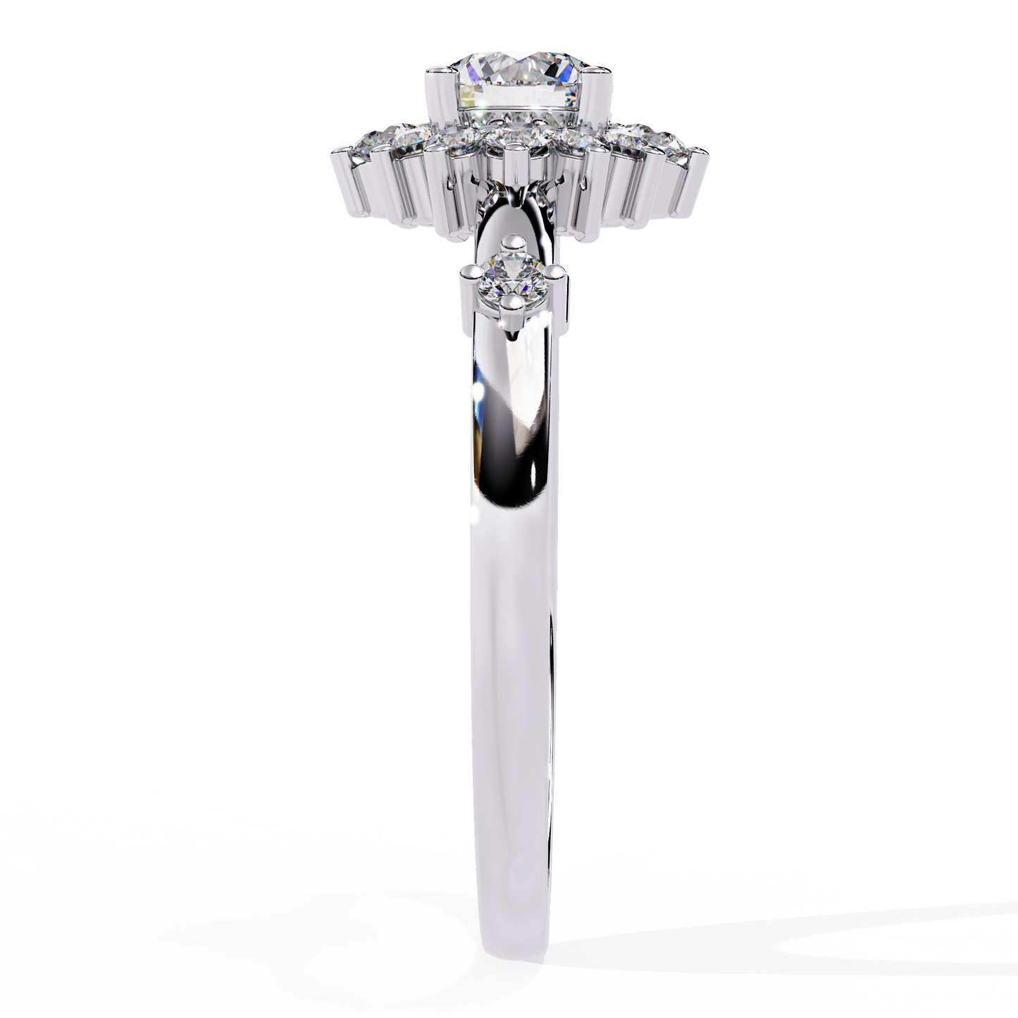 Solstice Bloom – Lab Diamond Halo Ring with Petite Side Accents in 14K Gold