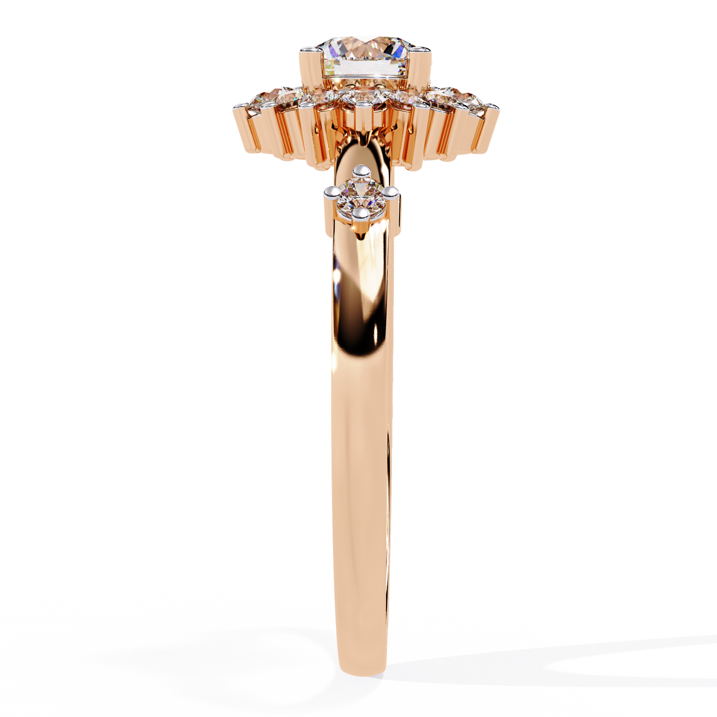 Solstice Bloom – Lab Diamond Halo Ring with Petite Side Accents in 14K Gold