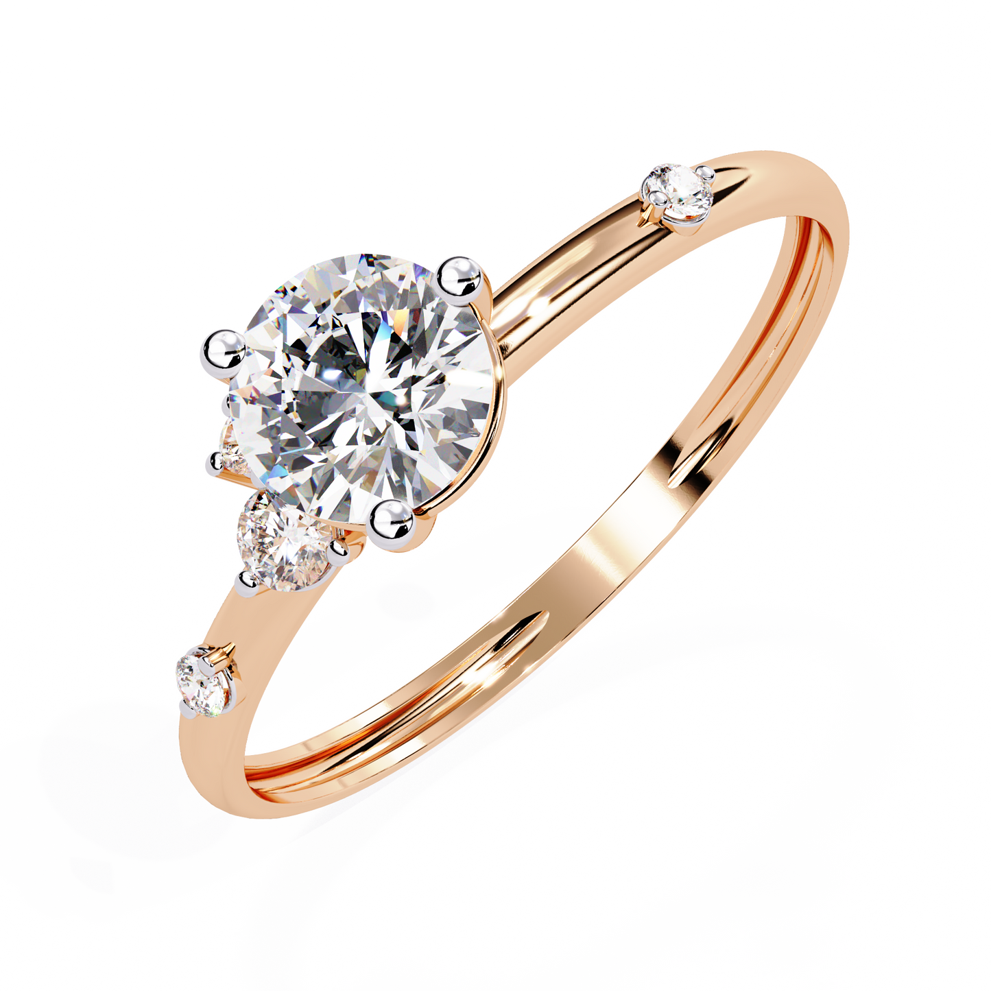 Petite Brilliance – Round Diamond Solitaire Ring with Accent Stones in 14K Gold