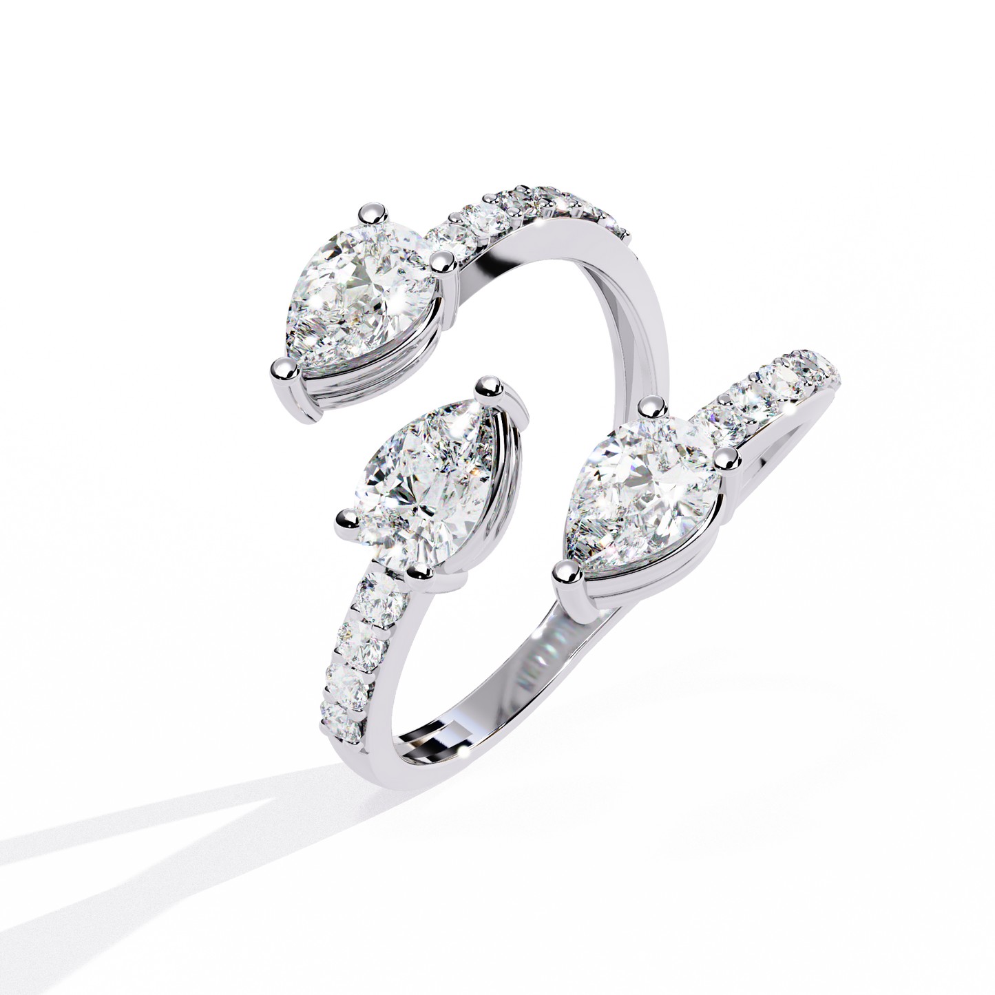 Cascade Pear – Triple Pear Diamond Open Ring with Pavé Sides in 14K Gold