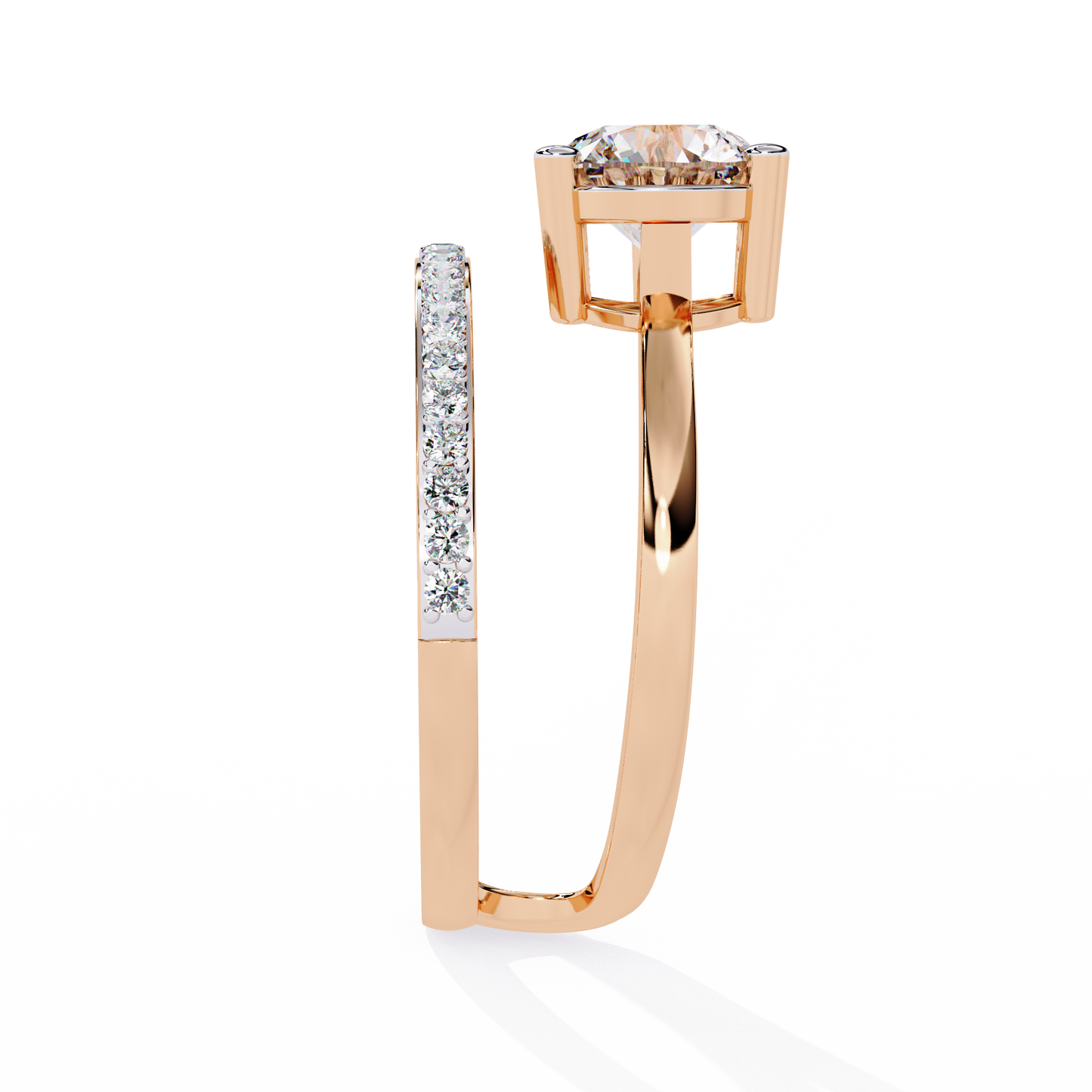 Luna Crown – Solitaire Diamond Ring with Pavé Halo Shank in 14K Gold