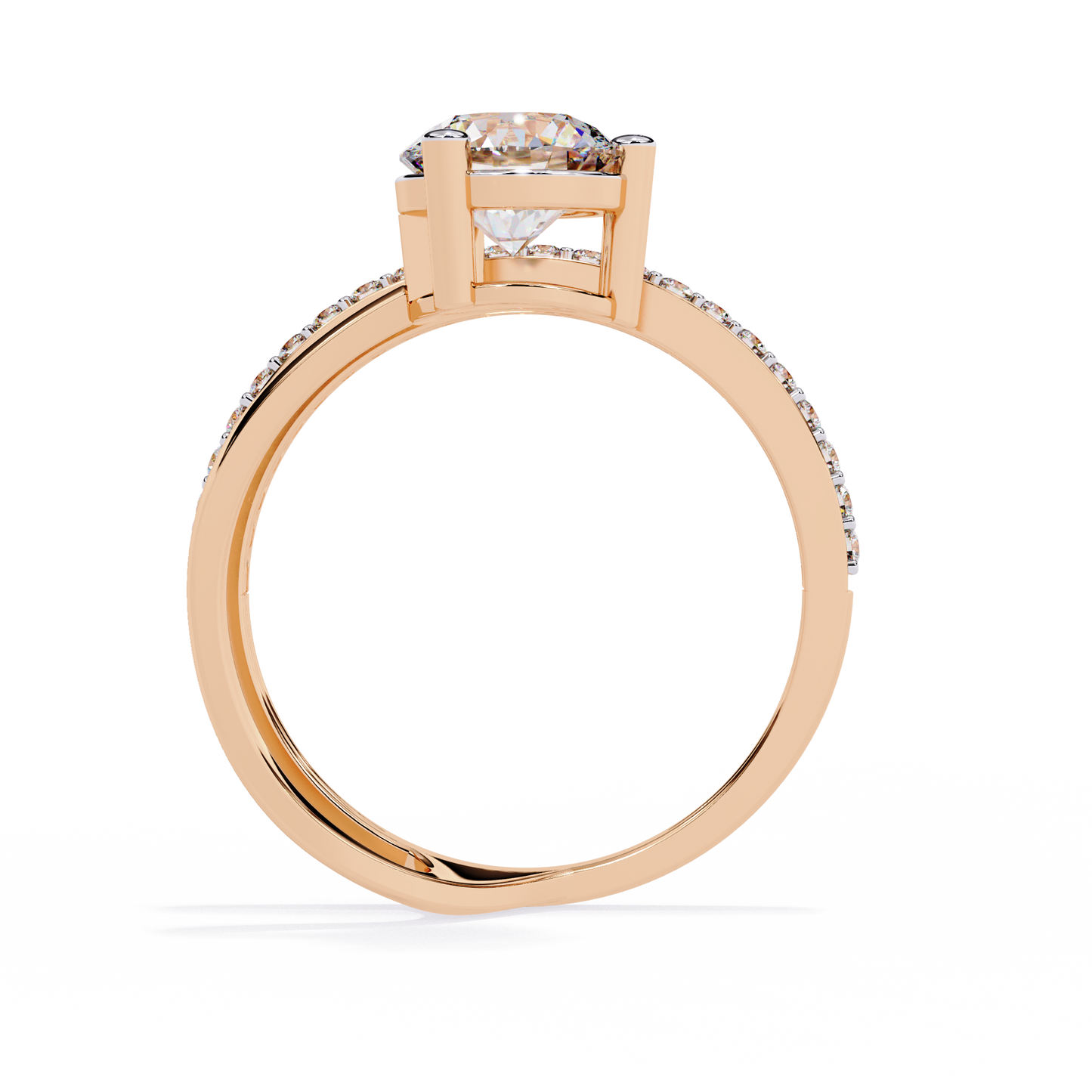 Luna Crown – Solitaire Diamond Ring with Pavé Halo Shank in 14K Gold
