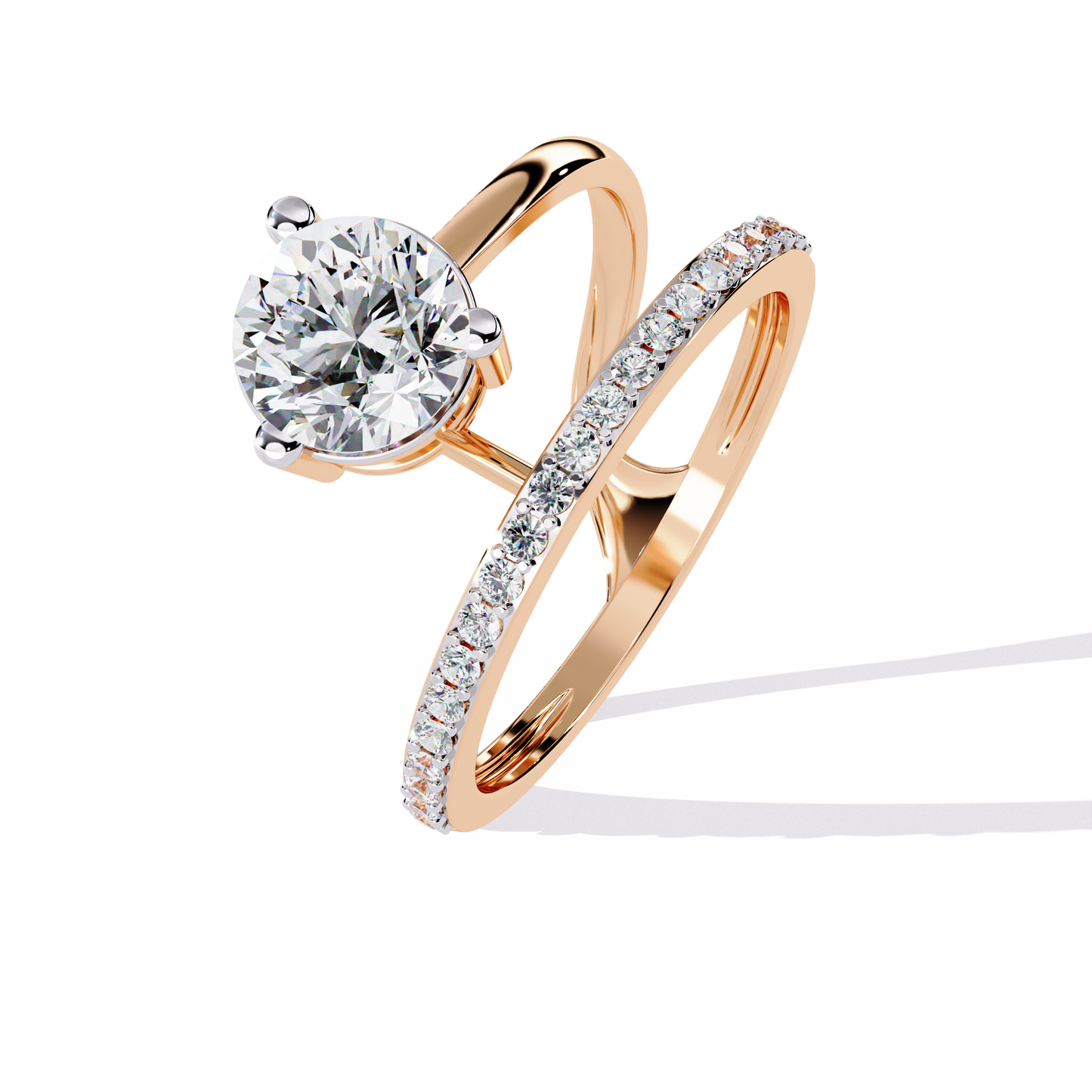 Luna Crown – Solitaire Diamond Ring with Pavé Halo Shank in 14K Gold