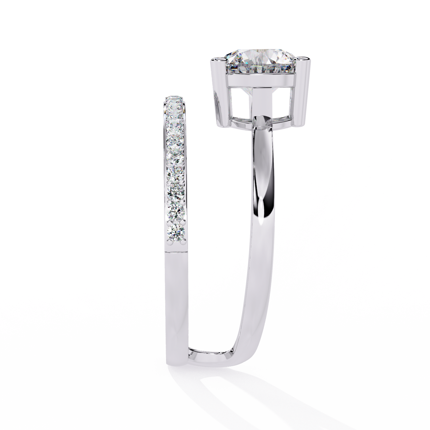 Luna Crown – Solitaire Diamond Ring with Pavé Halo Shank in 14K Gold