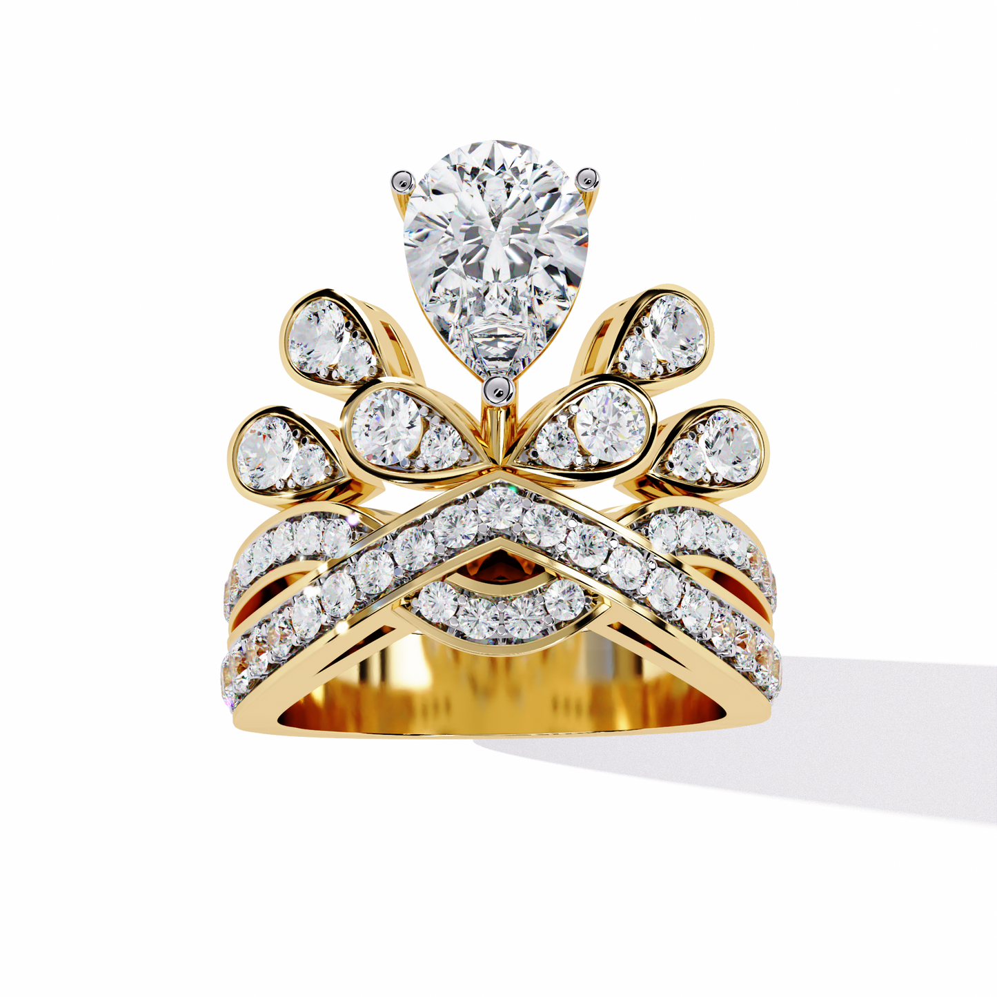 Celestial Crown – Pear Diamond Ring with Regal Scrollwork in 14K Gold