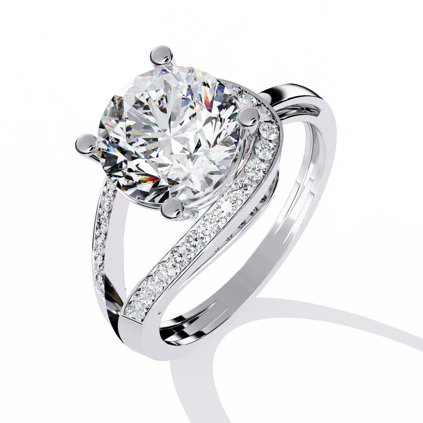 Wave Crest – Diamond Solitaire Ring with Curved Pavé Band in 14K Gold