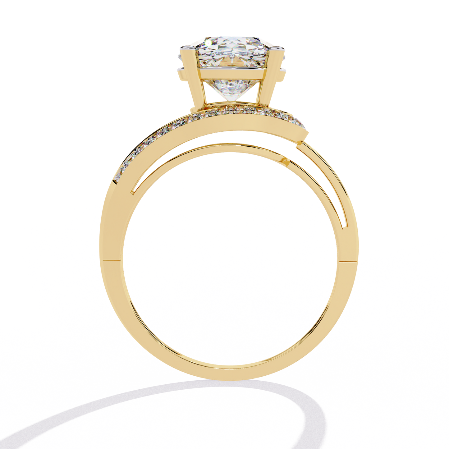 Wave Crest – Diamond Solitaire Ring with Curved Pavé Band in 14K Gold
