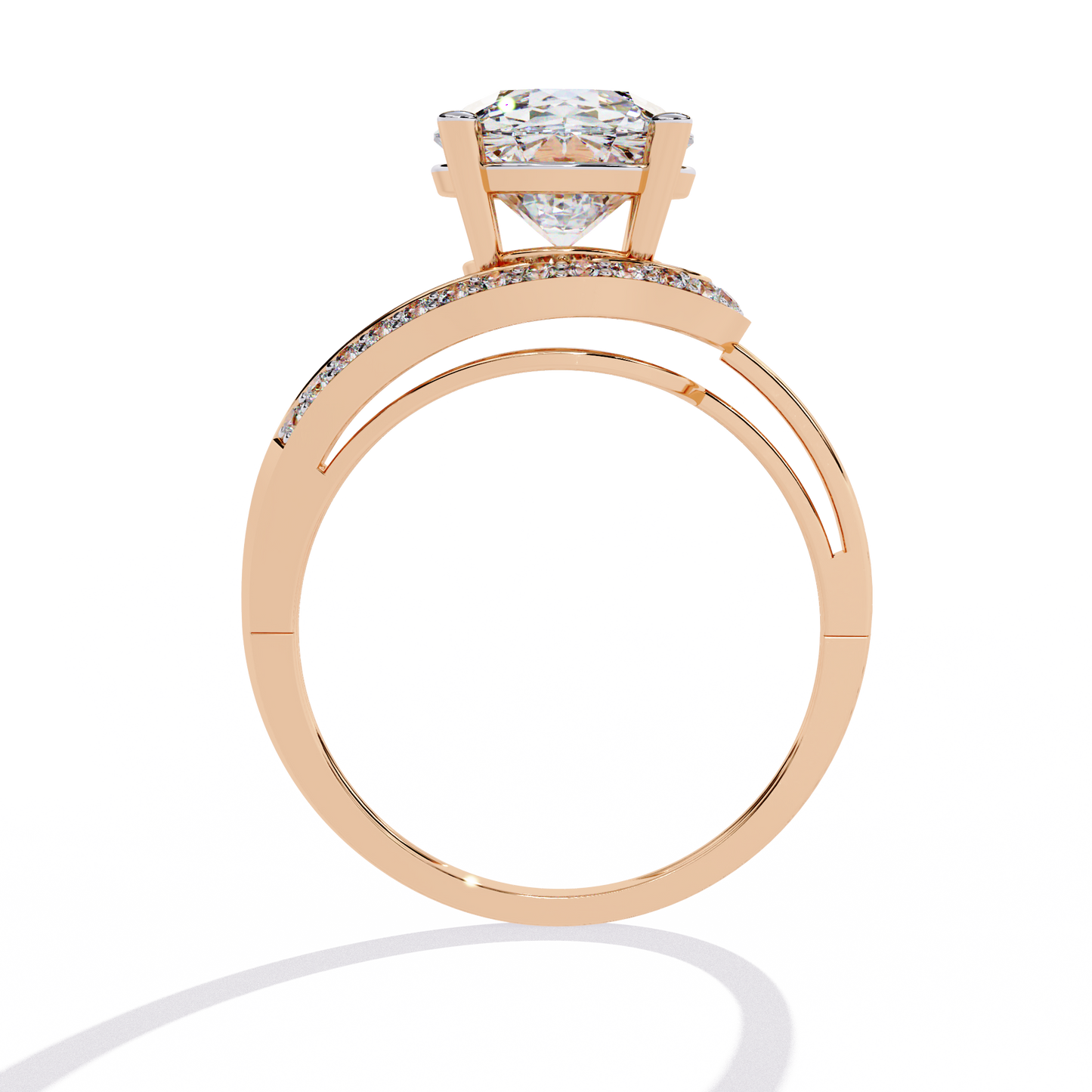 Wave Crest – Diamond Solitaire Ring with Curved Pavé Band in 14K Gold