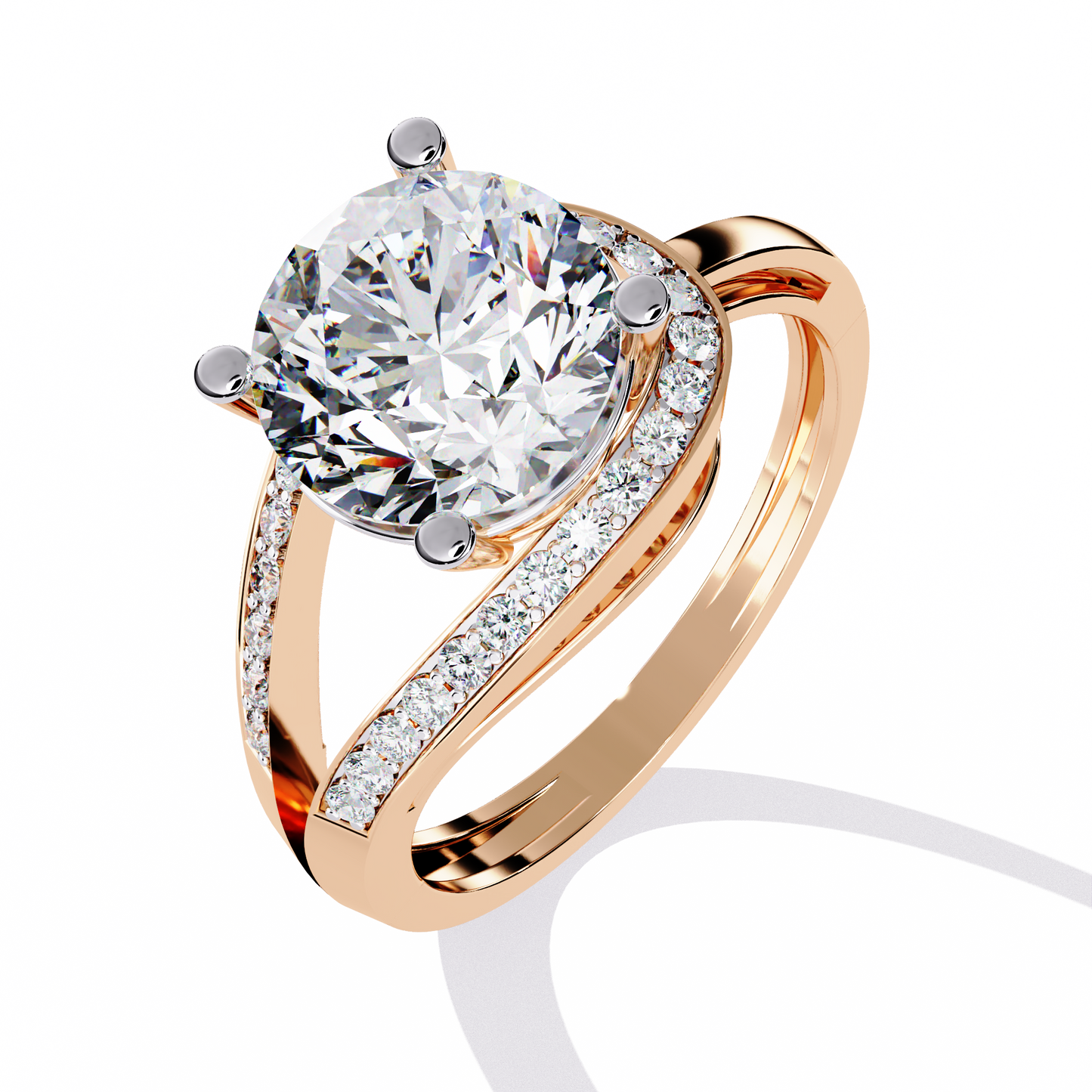 Wave Crest – Diamond Solitaire Ring with Curved Pavé Band in 14K Gold