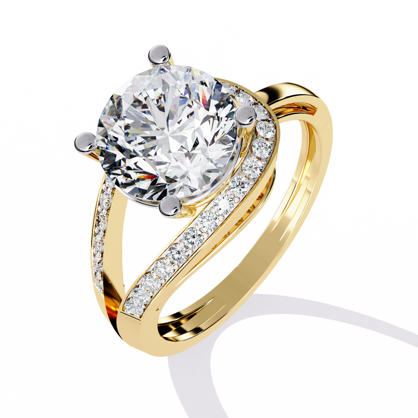 Wave Crest – Diamond Solitaire Ring with Curved Pavé Band in 14K Gold