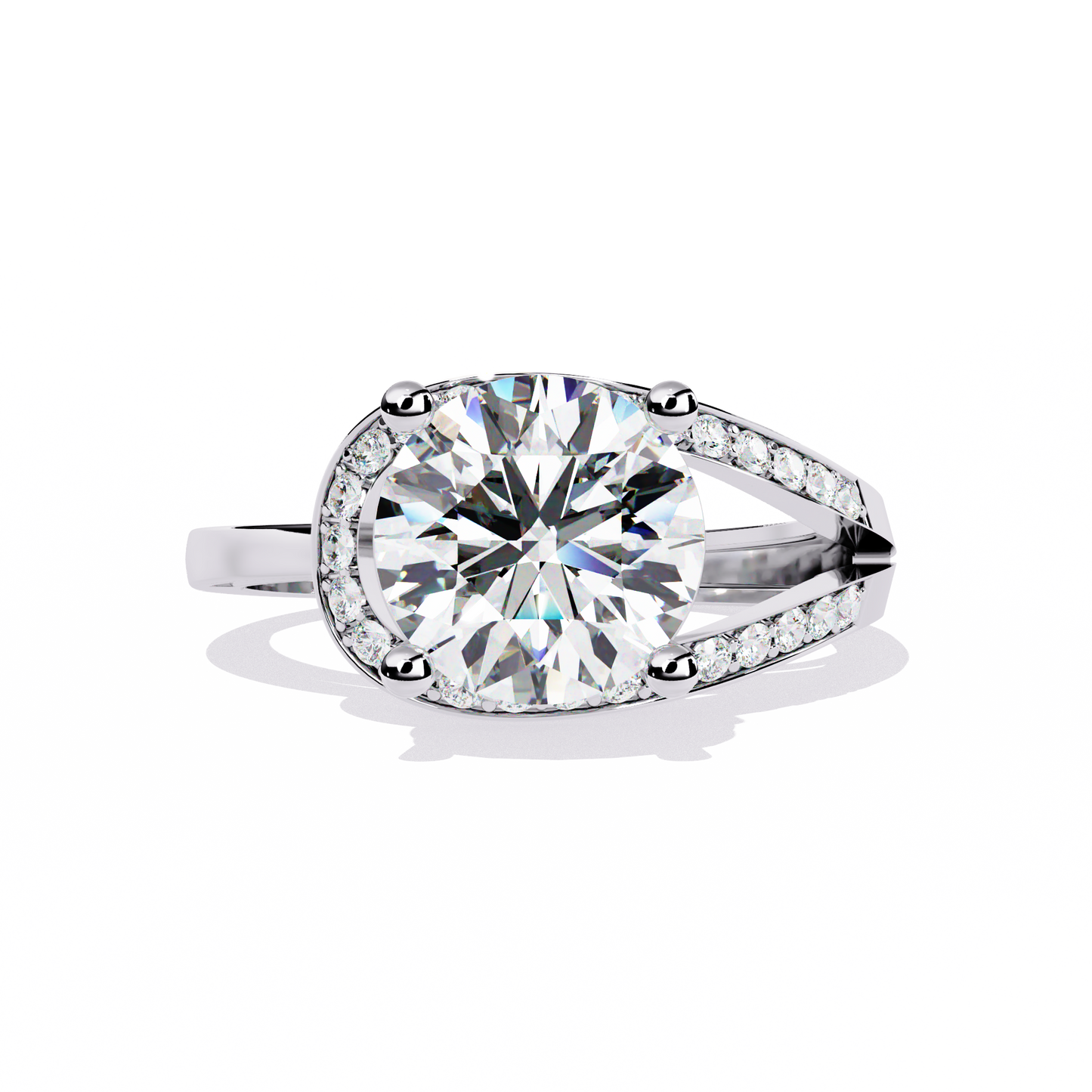 Wave Crest – Diamond Solitaire Ring with Curved Pavé Band in 14K Gold