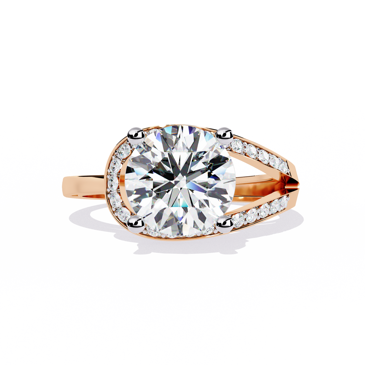 Wave Crest – Diamond Solitaire Ring with Curved Pavé Band in 14K Gold