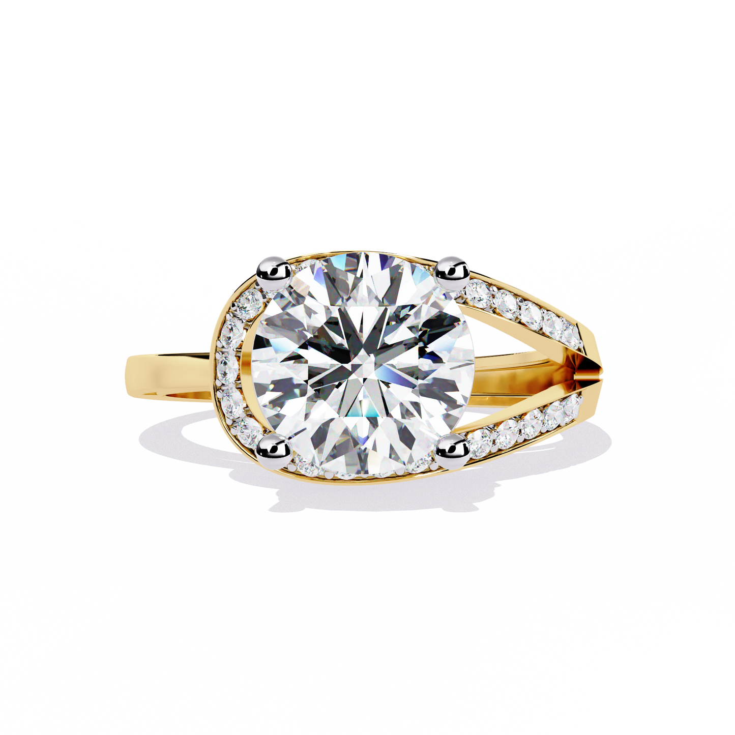 Wave Crest – Diamond Solitaire Ring with Curved Pavé Band in 14K Gold