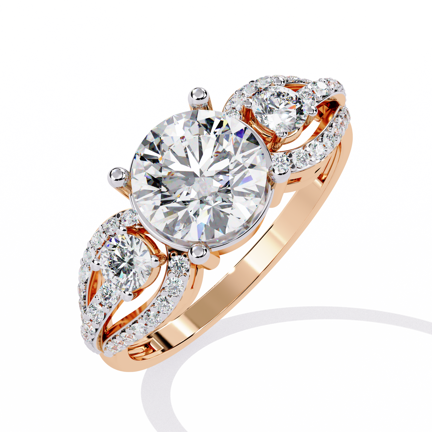 Heirloom Trinity – Diamond Three-Stone Ring with Pavé Halo in 14K Gold