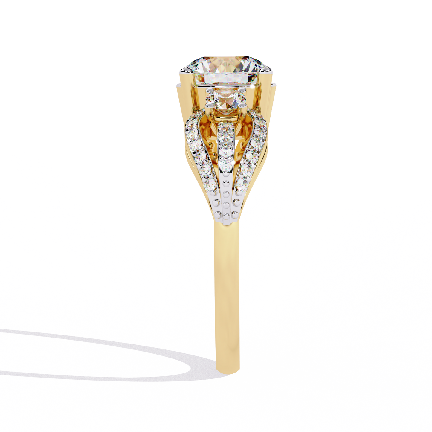 Heirloom Trinity – Lab Diamond Three-Stone Ring with Pavé Halo in 14K Gold