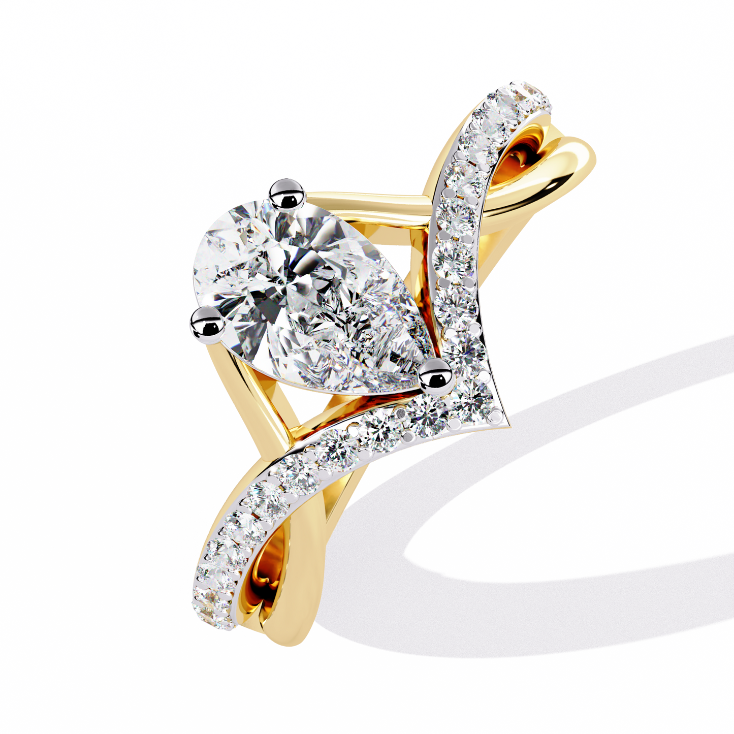 V-Embrace – Diamond Pear Ring with Criss-Cross Pavé Shank in 14K Gold