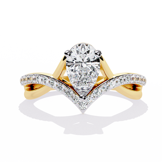 V-Embrace – Diamond Pear Ring with Criss-Cross Pavé Shank in 14K Gold