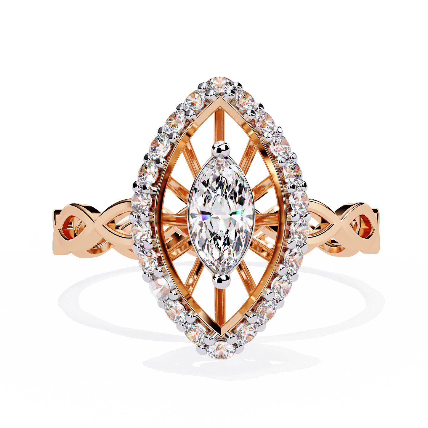 Caged Halo – Marquise Diamond Ring with Infinity Band in 14K Gold