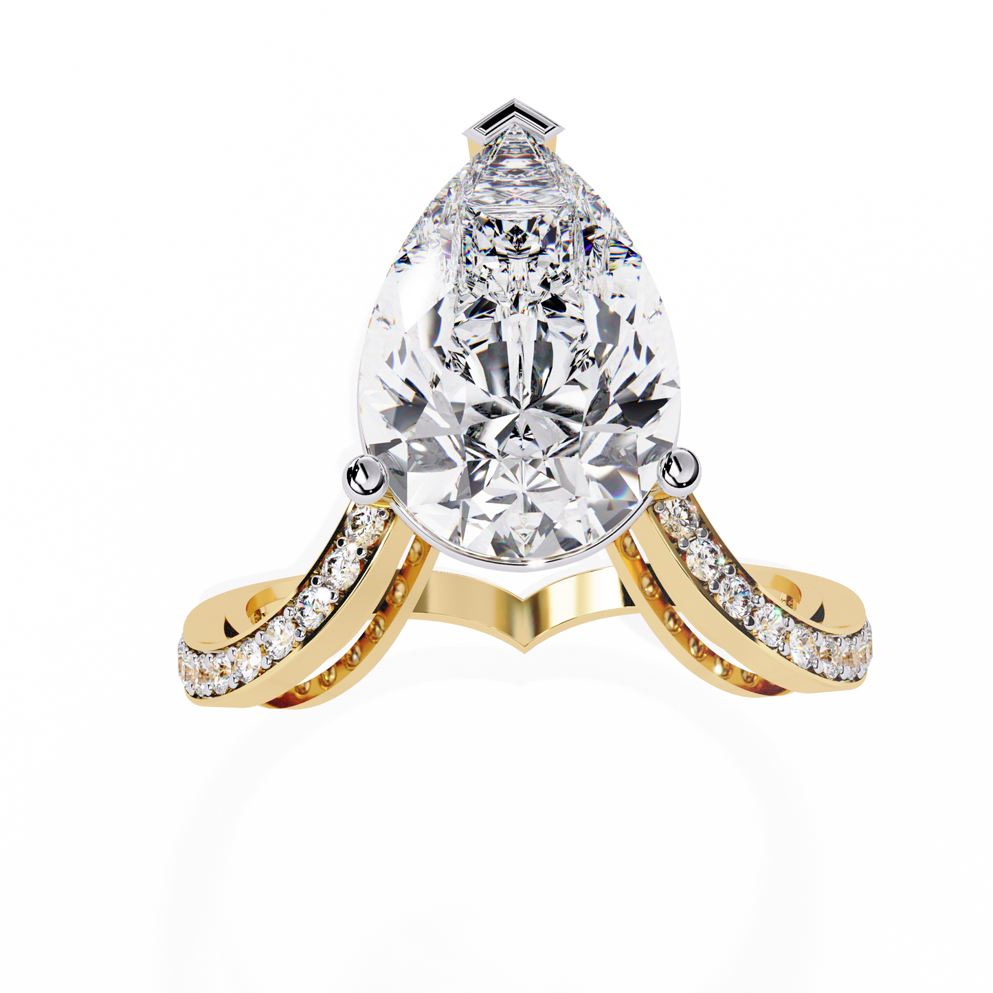 Pear Crest – Grand Pear Lab Diamond Ring with Pavé Shoulders in 14K Gold