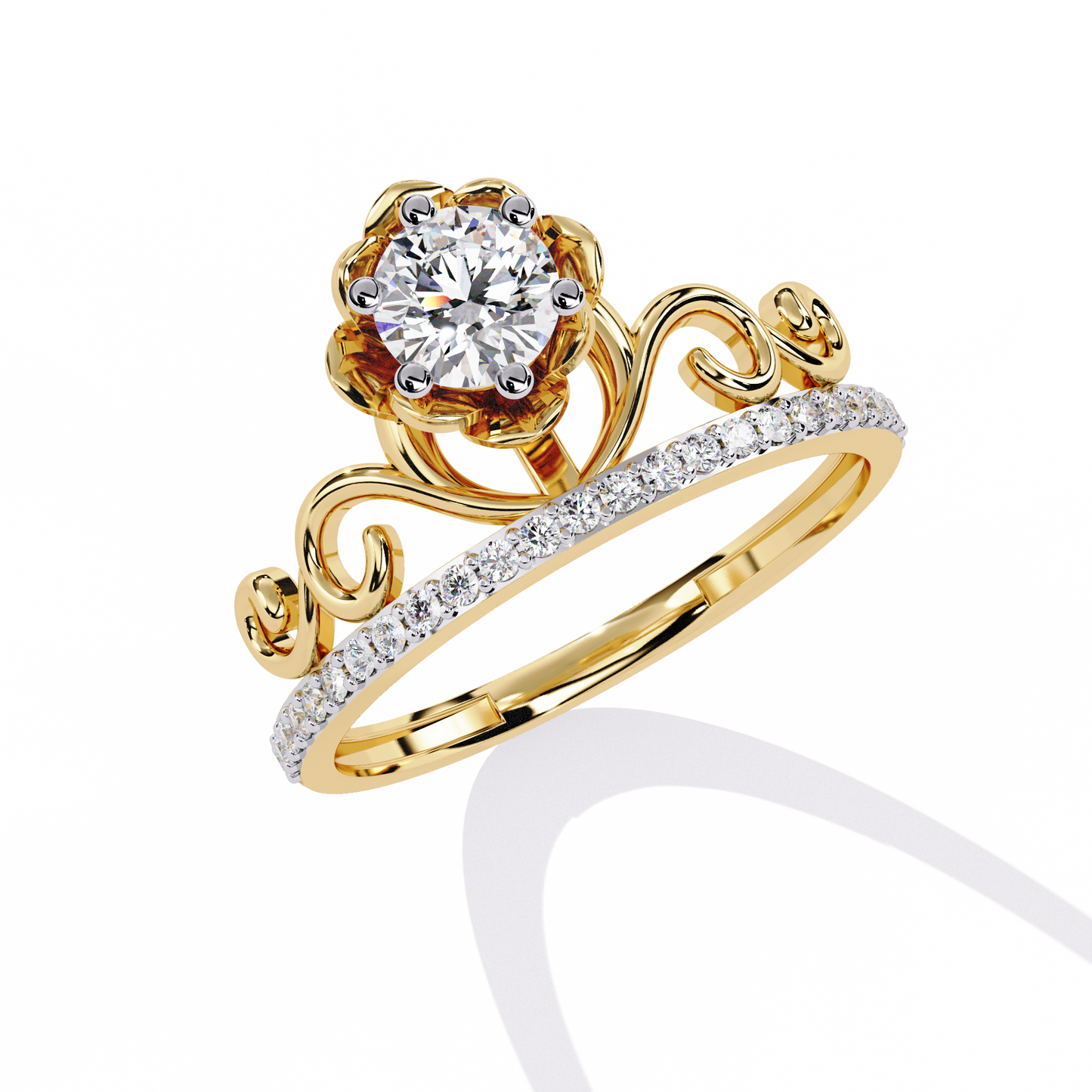 Floral Crown – Lotus-Inspired Diamond Ring with Pavé Band in 14K Gold