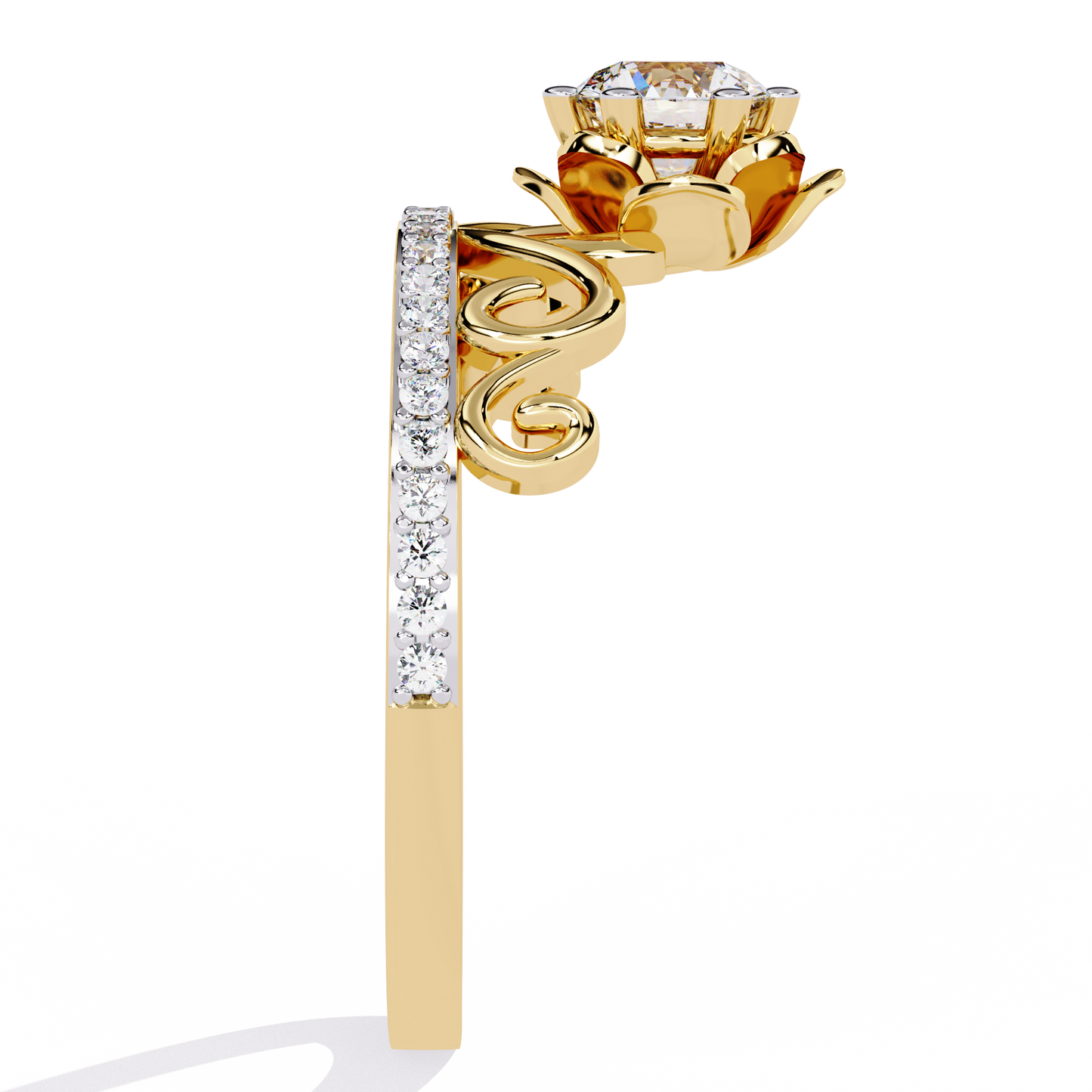 Floral Crown – Lotus-Inspired Diamond Ring with Pavé Band in 14K Gold