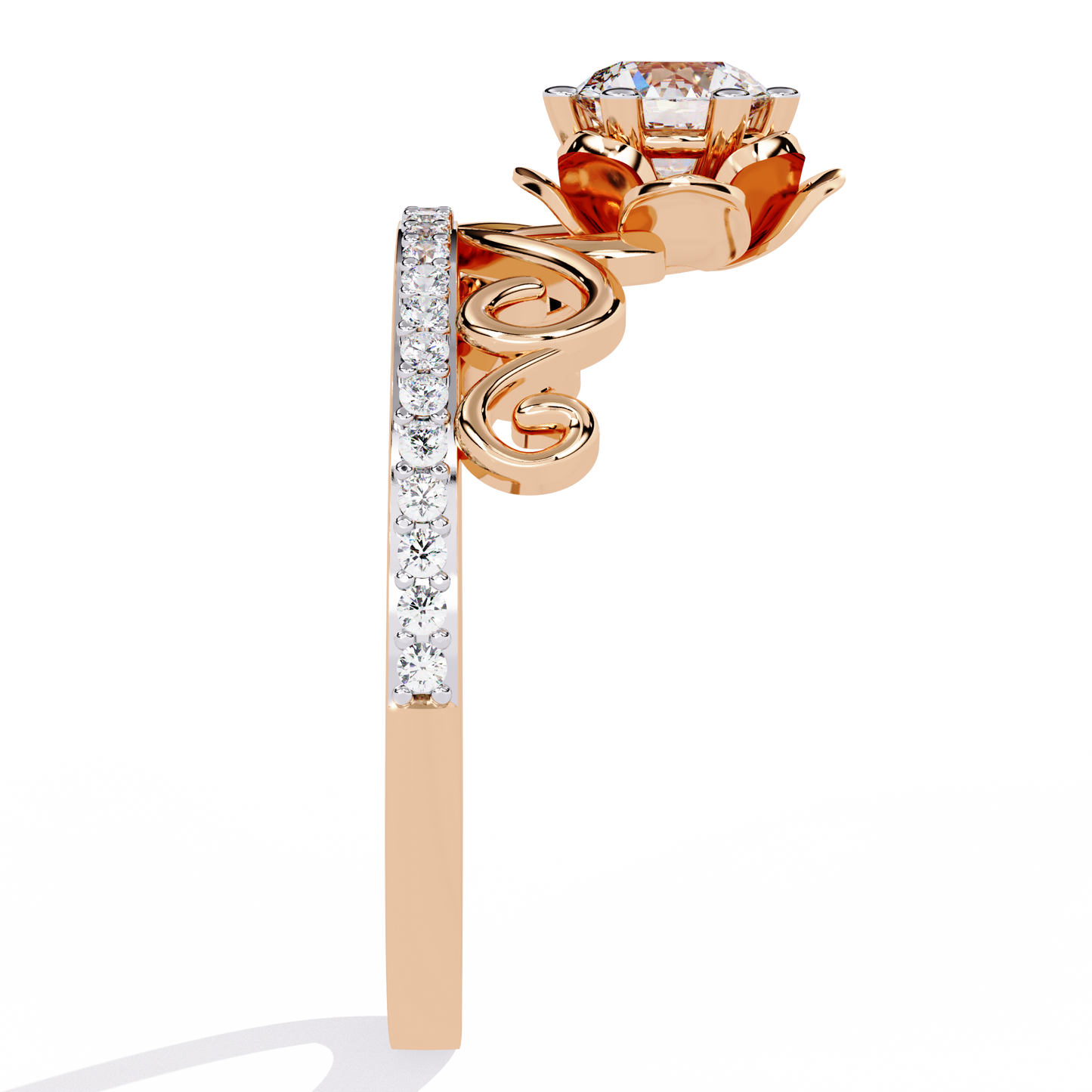 Floral Crown – Lotus-Inspired Diamond Ring with Pavé Band in 14K Gold