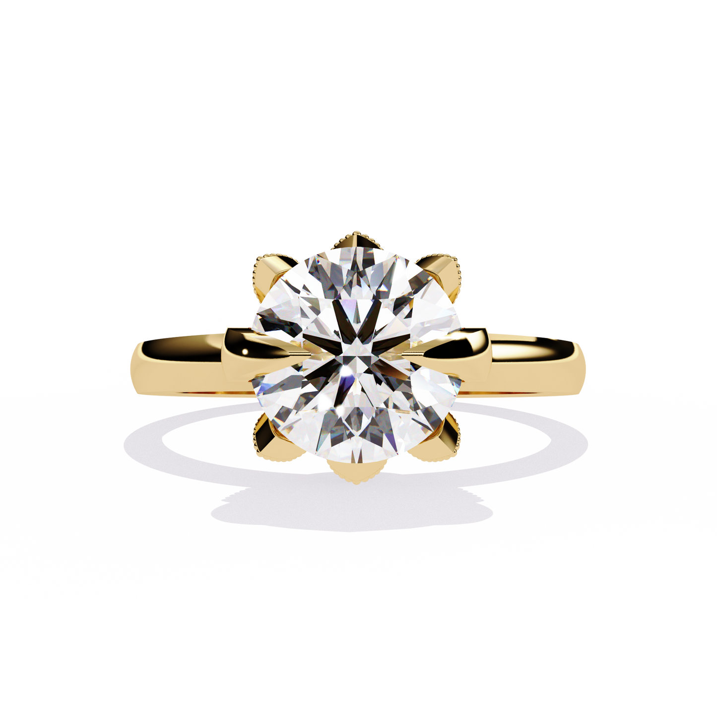 Victorian Lotus – Solitaire Diamond Ring with Engraved Crown in 14K Gold