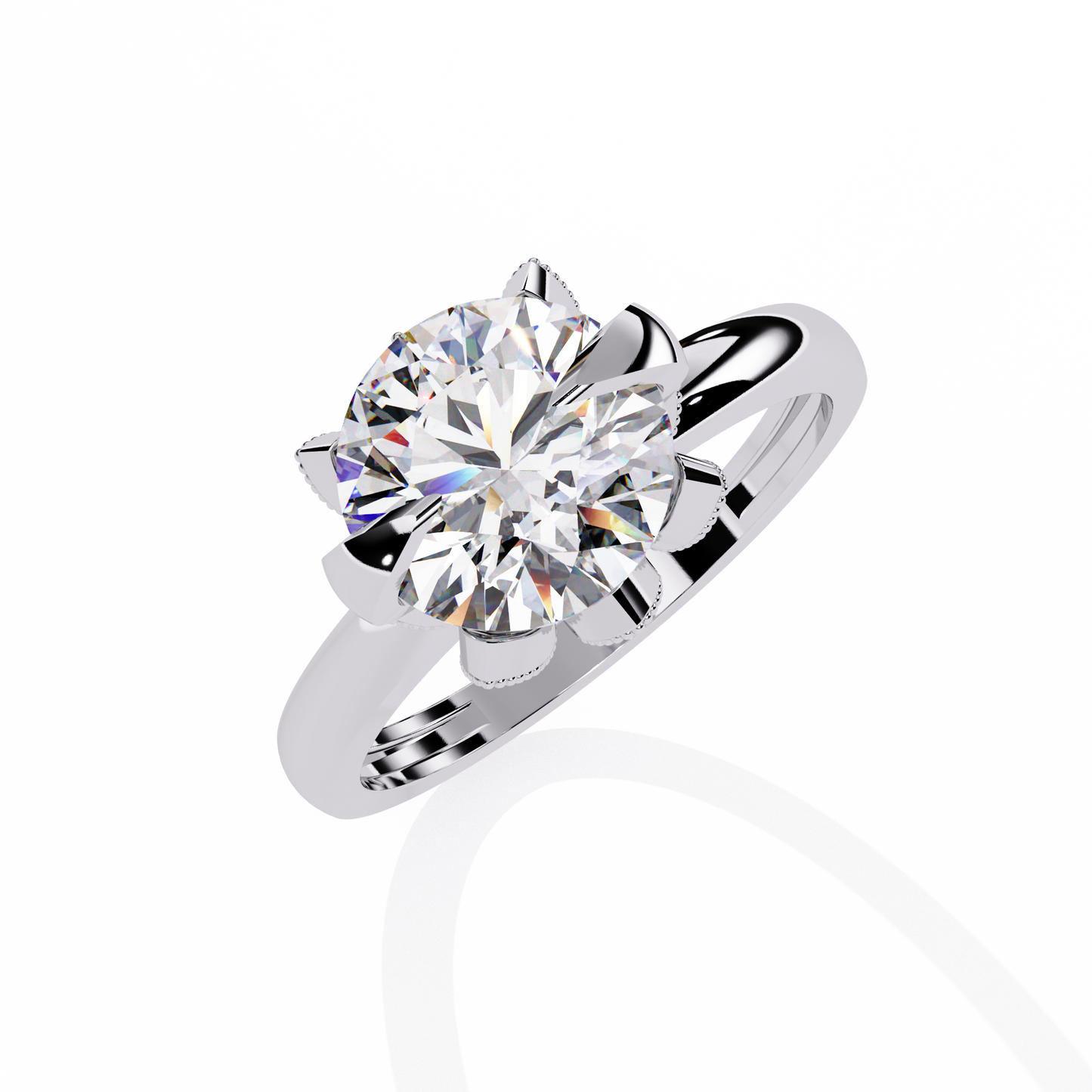 Victorian Lotus – Solitaire Diamond Ring with Engraved Crown in 14K Gold