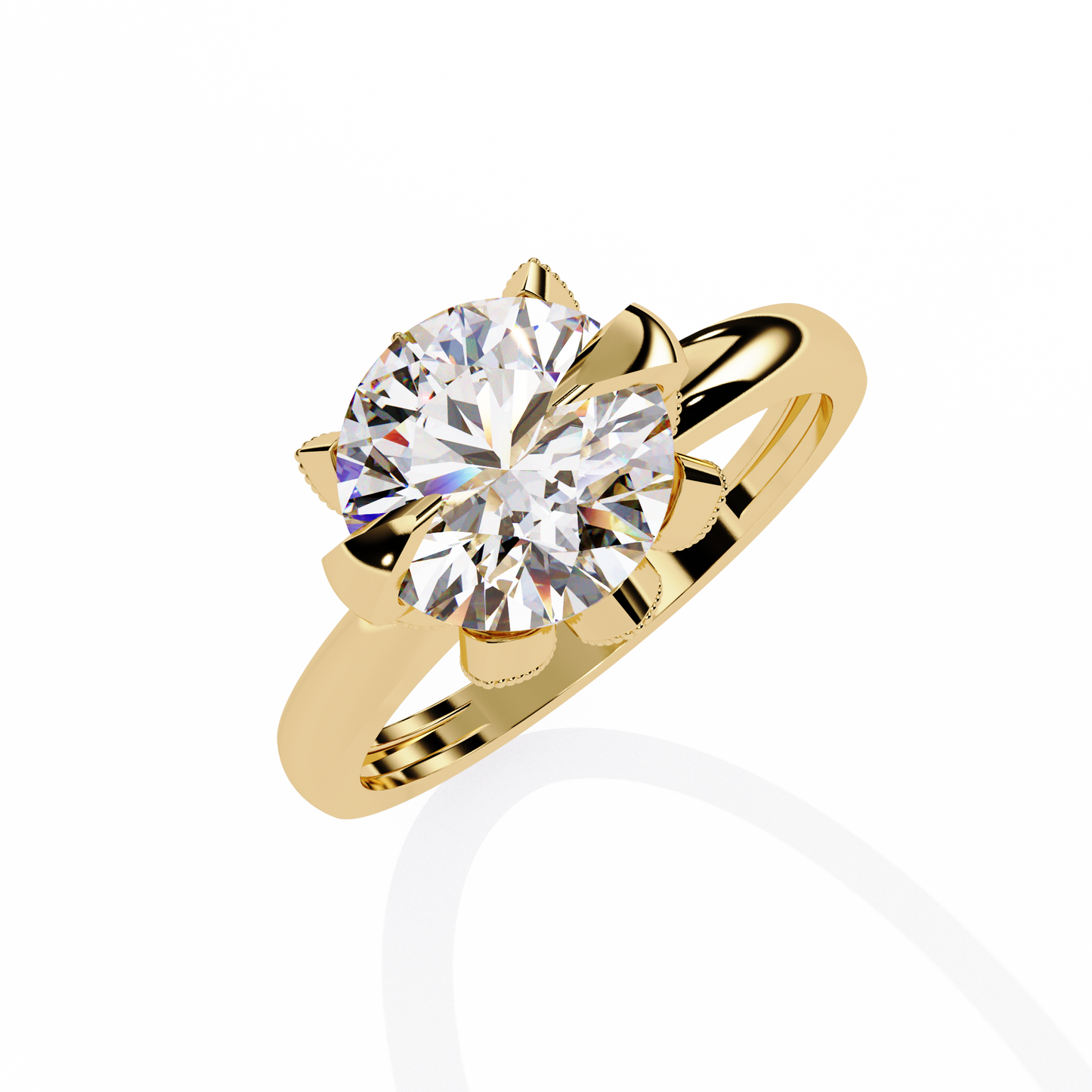 Victorian Lotus – Solitaire Diamond Ring with Engraved Crown in 14K Gold