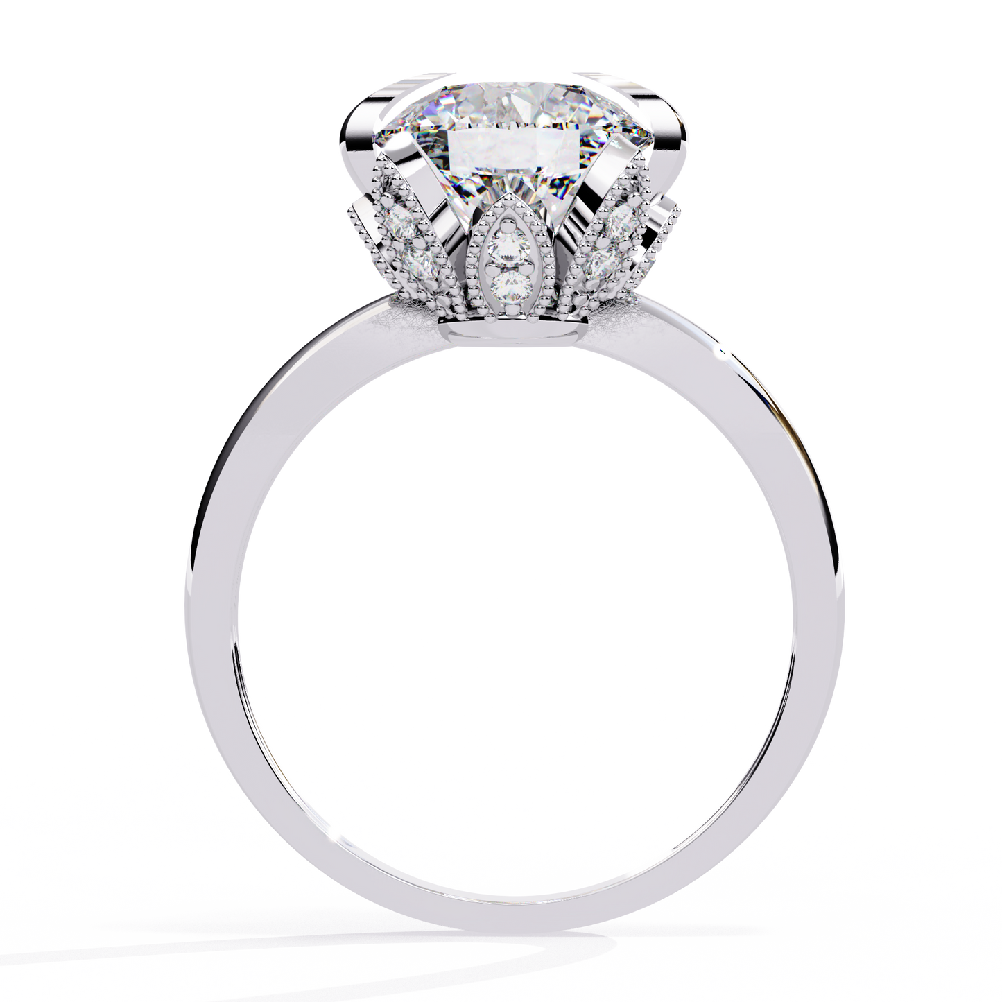 Victorian Lotus – Solitaire Diamond Ring with Engraved Crown in 14K Gold