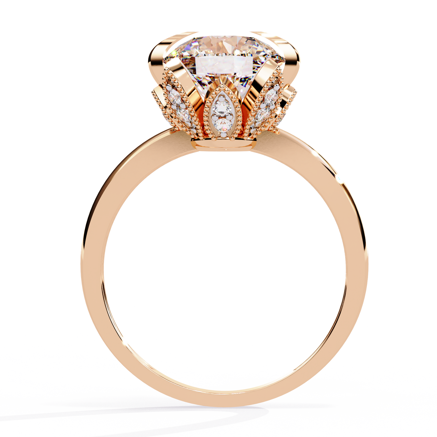 Victorian Lotus – Solitaire Diamond Ring with Engraved Crown in 14K Gold