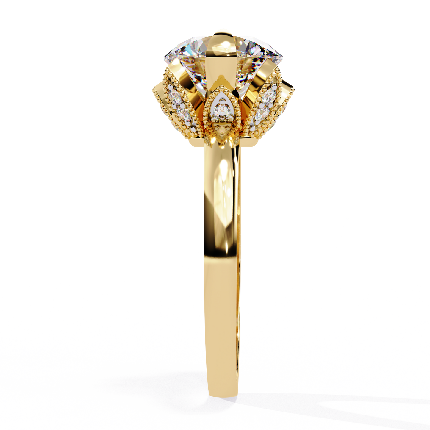 Victorian Lotus – Solitaire Diamond Ring with Engraved Crown in 14K Gold