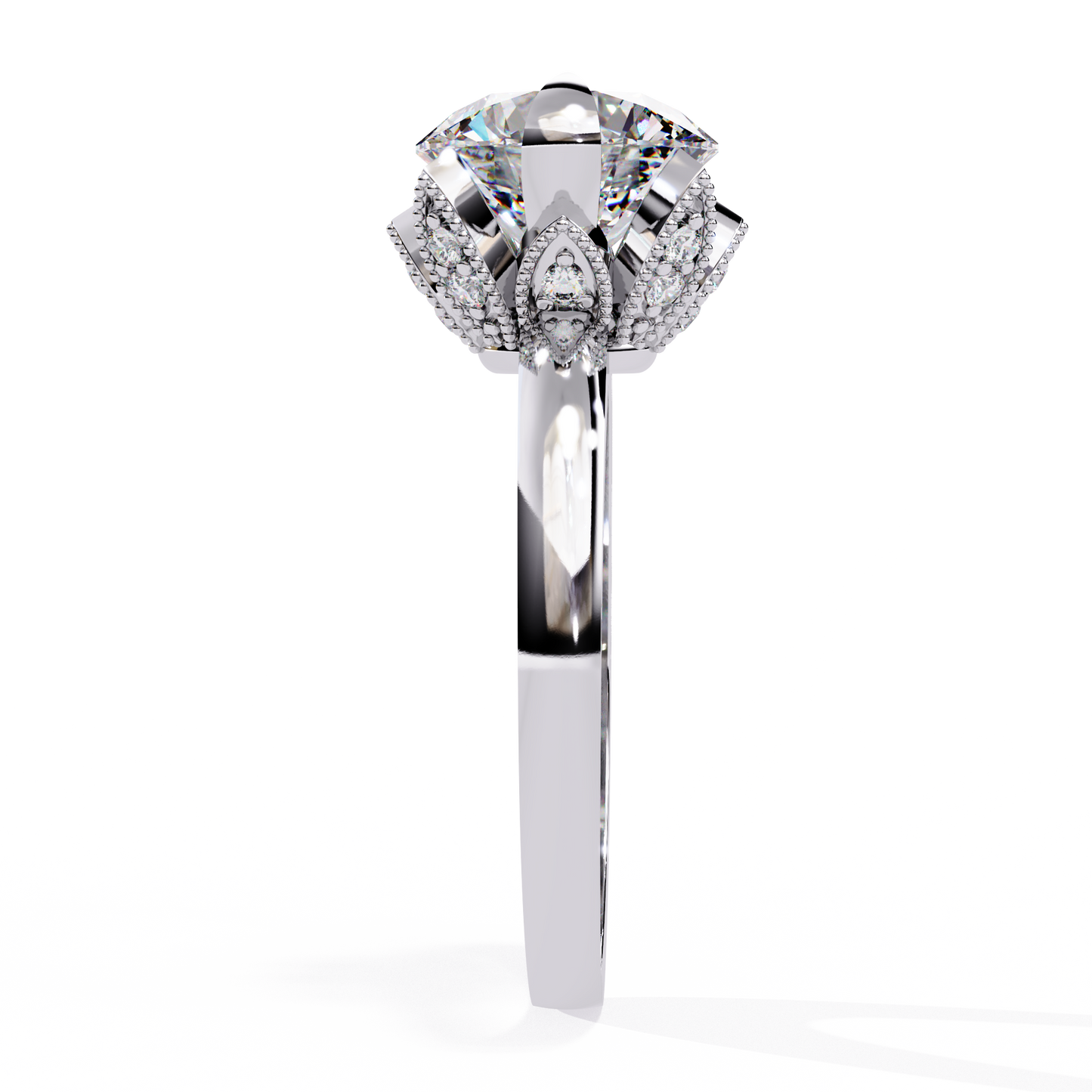 Victorian Lotus – Solitaire Diamond Ring with Engraved Crown in 14K Gold