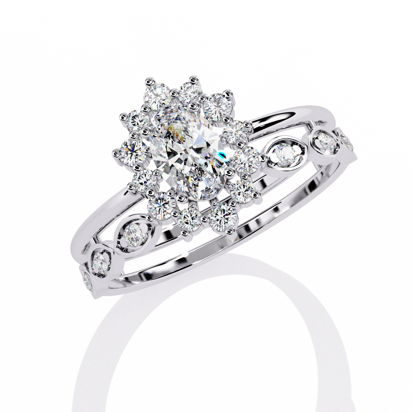 Regal Halo – Oval Diamond Ring with Crowned Band in 14K Gold