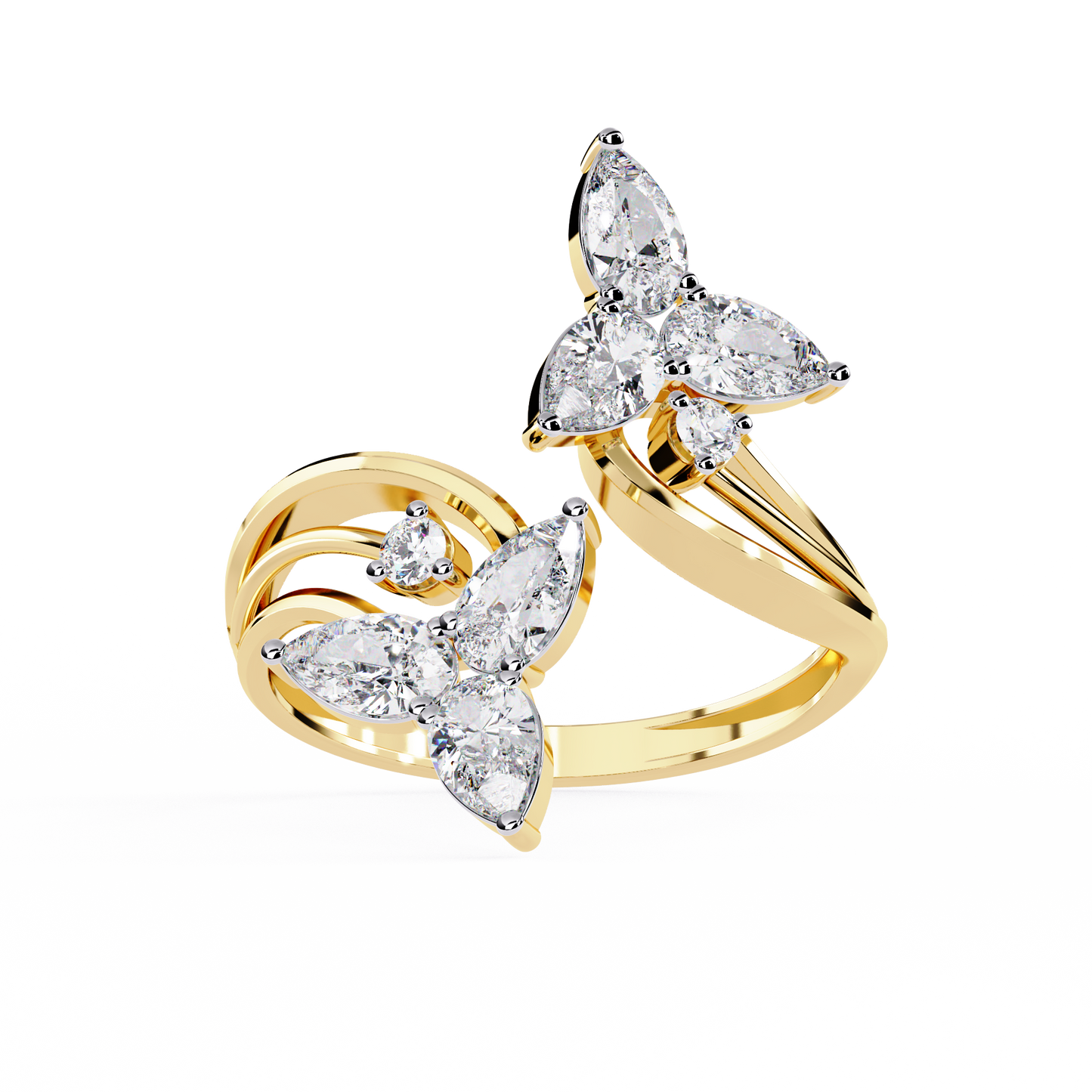 Tri-Vine Pear – Pear Diamond Floral Ring with Multi-Band Shank in 14K Gold