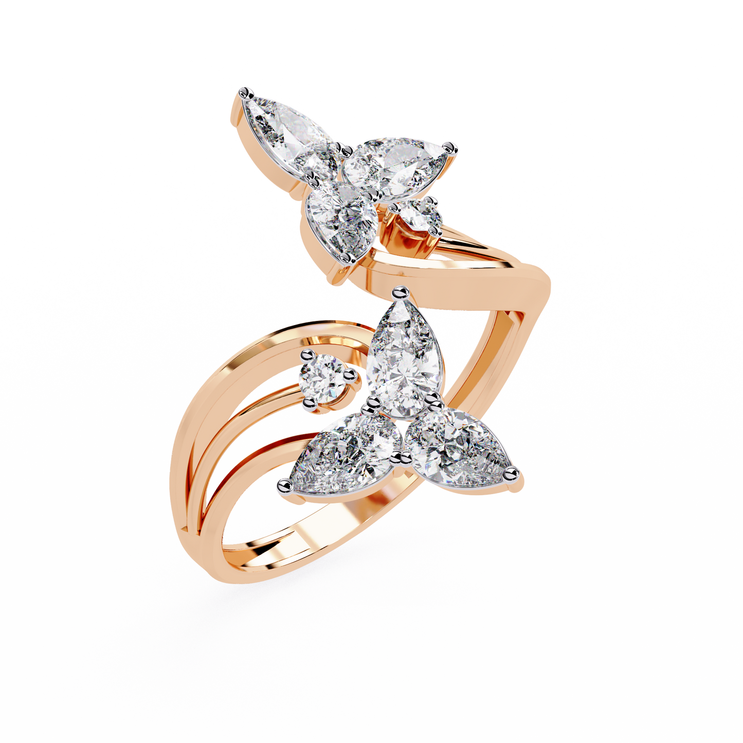 Tri-Vine Pear – Pear Diamond Floral Ring with Multi-Band Shank in 14K Gold