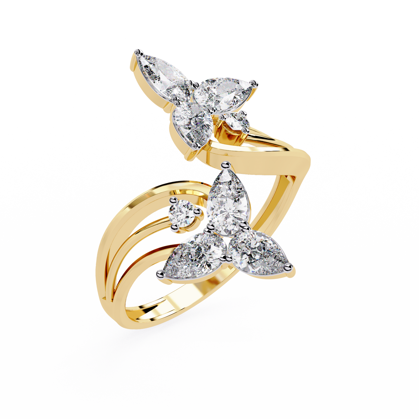 Tri-Vine Pear – Pear Diamond Floral Ring with Multi-Band Shank in 14K Gold