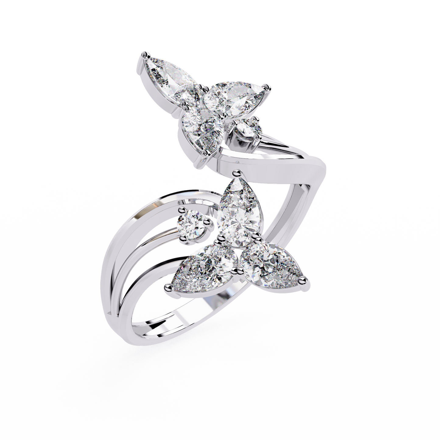 Tri-Vine Pear – Pear Diamond Floral Ring with Multi-Band Shank in 14K Gold