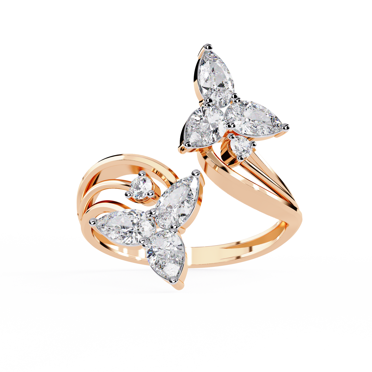 Tri-Vine Pear – Pear Diamond Floral Ring with Multi-Band Shank in 14K Gold