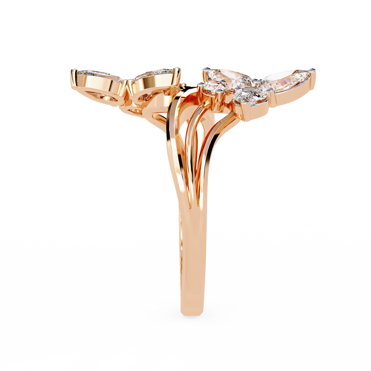 Tri-Vine Pear – Pear Diamond Floral Ring with Multi-Band Shank in 14K Gold