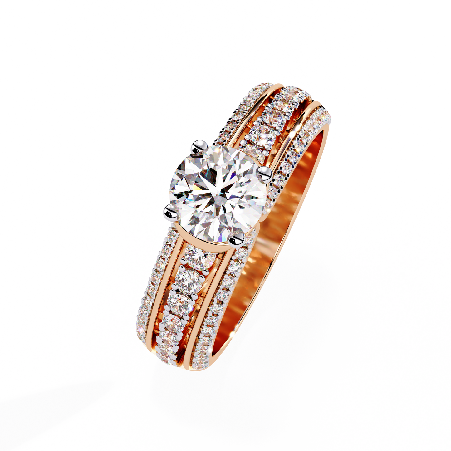 Triad Radiance – Diamond Triple Row Ring with Solitaire Center in 14K Gold