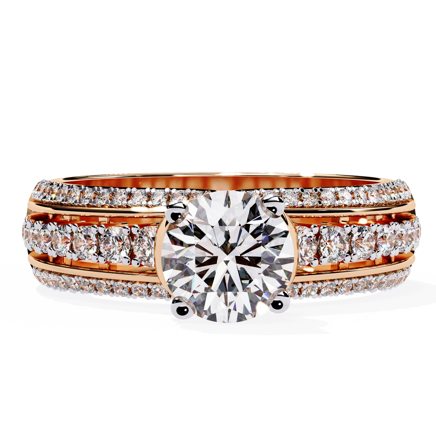 Triad Radiance – Lab Diamond Triple Row Ring with Solitaire Center in 14K Gold